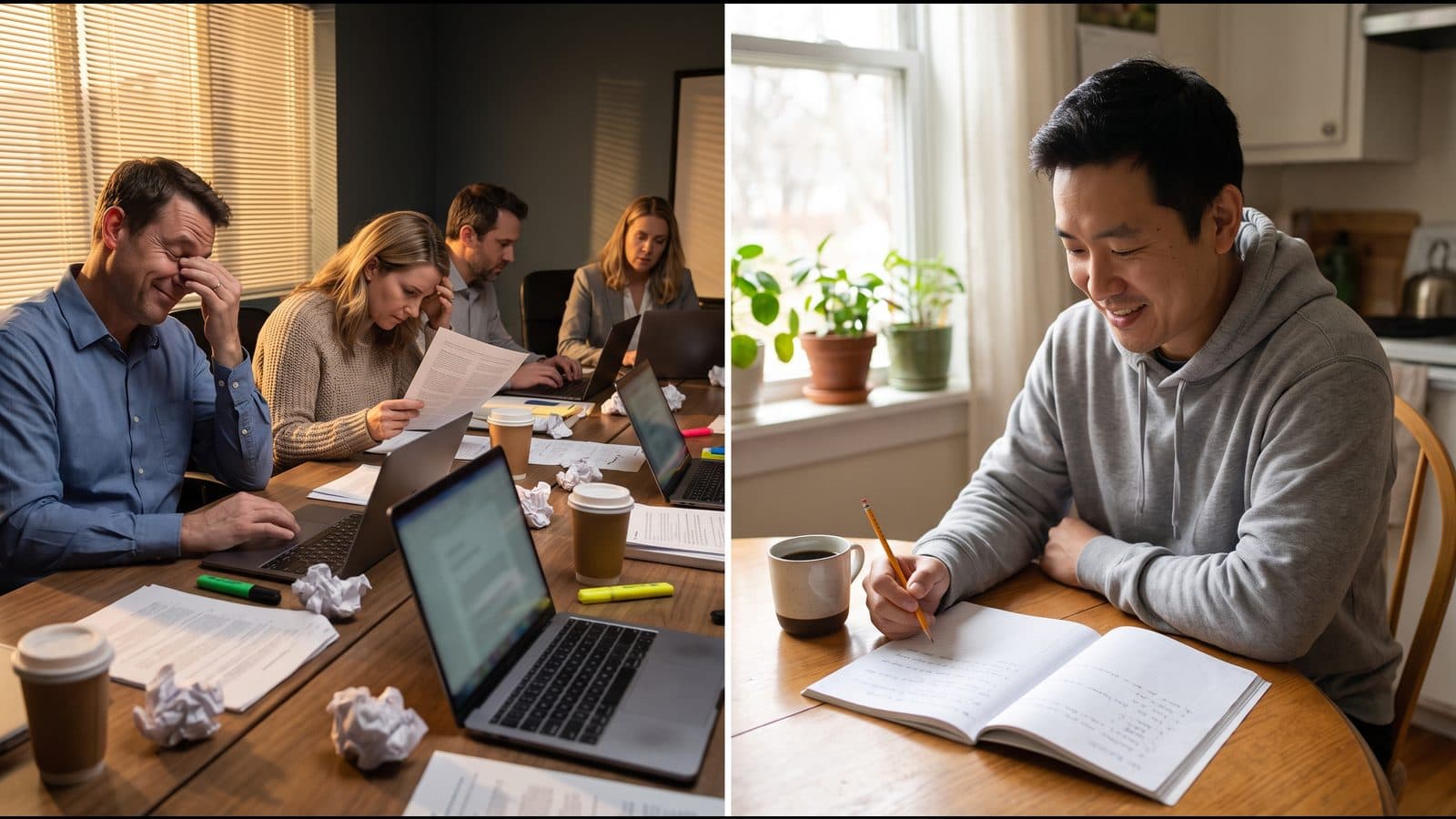 Two scenes side by side: on the left, professionals tiring late in an intensive training day, papers and laptops across the table; on the right, a man studying calmly at his kitchen table on a weekend morning.