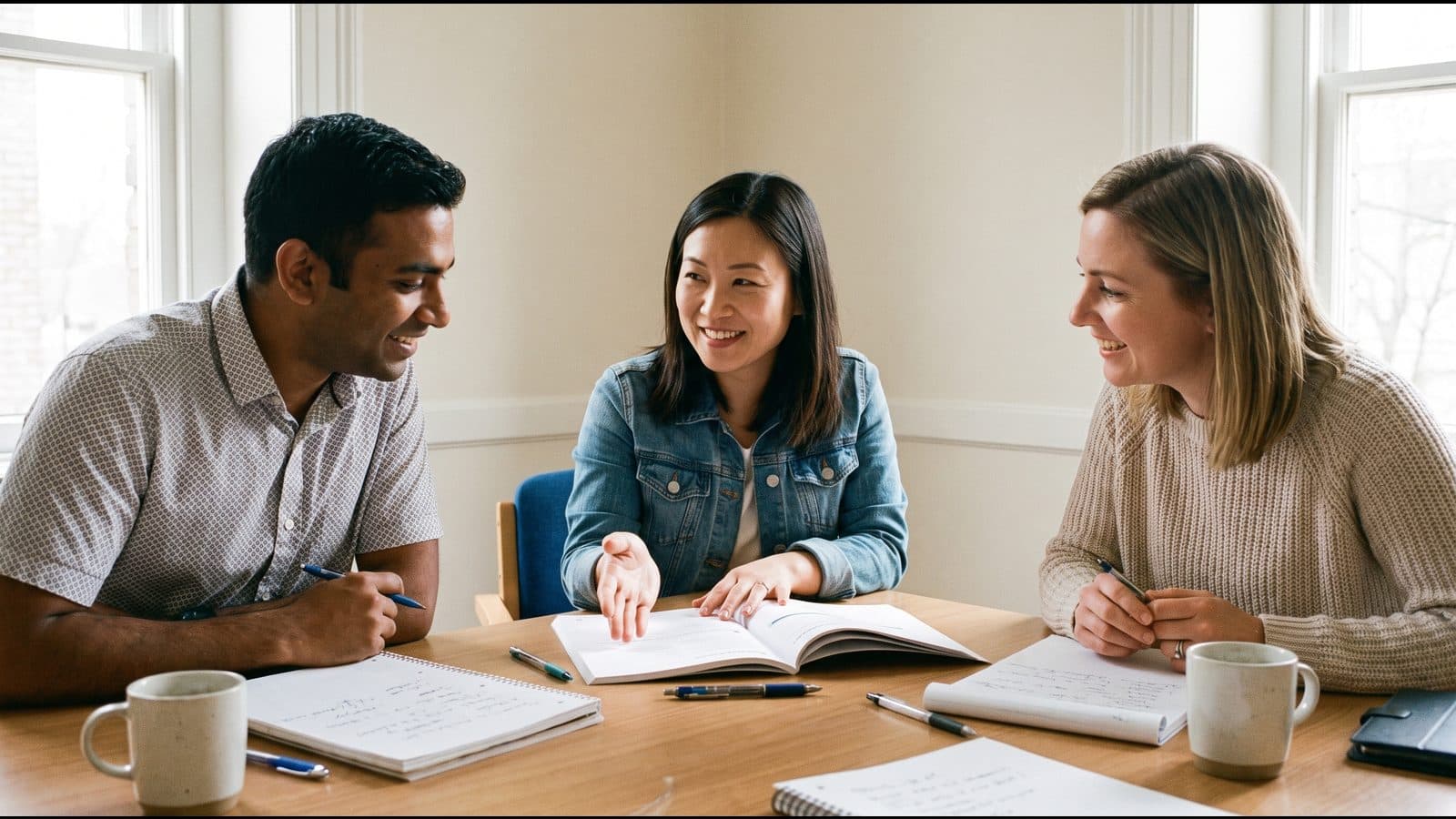 Adults working through PMP practice questions together at a table in a bright training room, workbooks open.