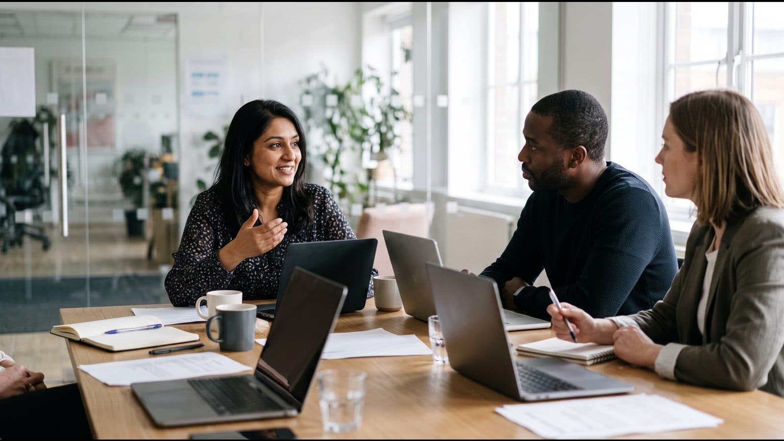 A project lead talking through a plan with two colleagues at a meeting table, laptops open.