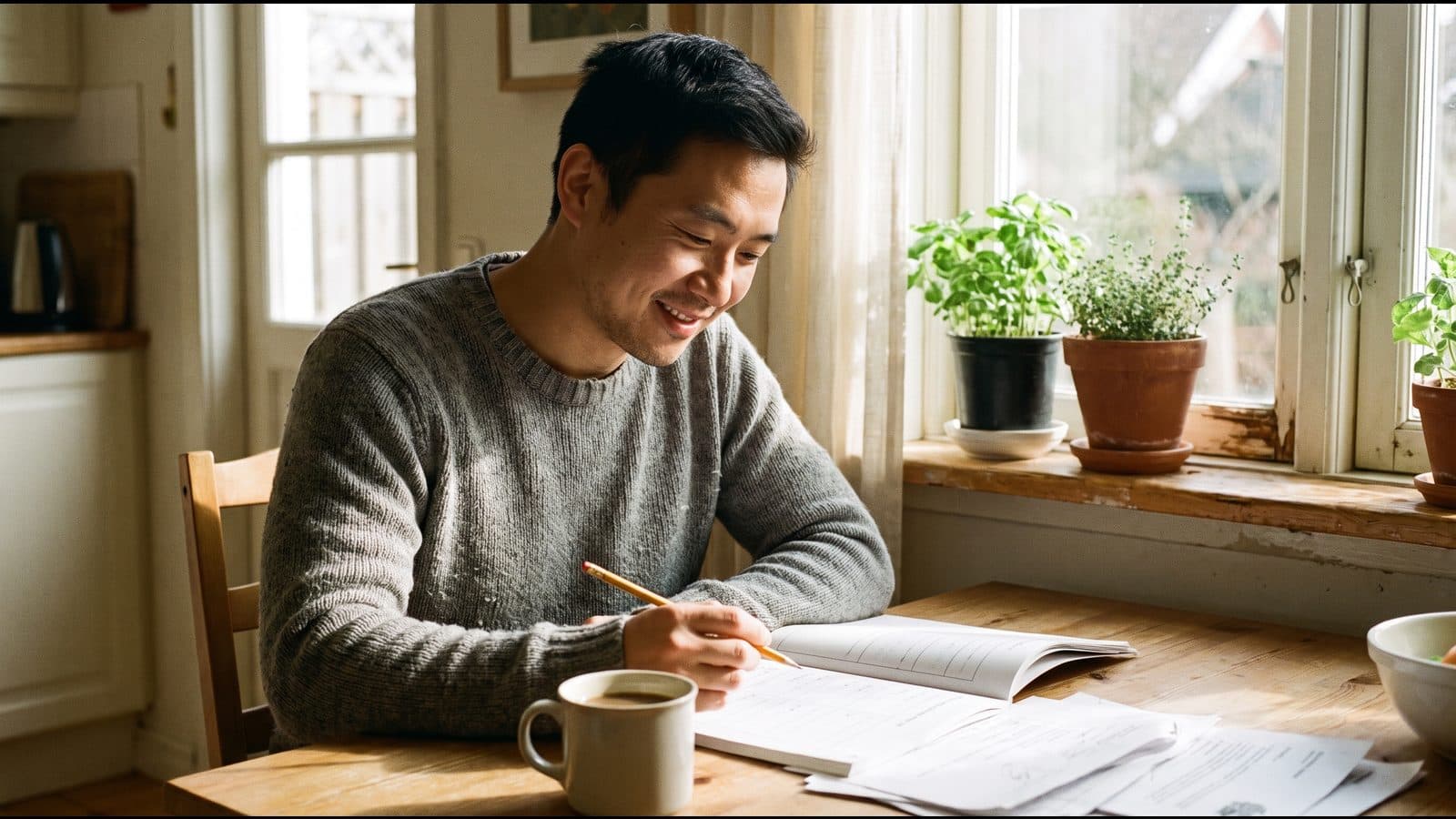 A man in a grey sweater smiling as he writes in an open workbook at a wooden kitchen table by a sunny window, a mug of coffee and loose papers beside him.