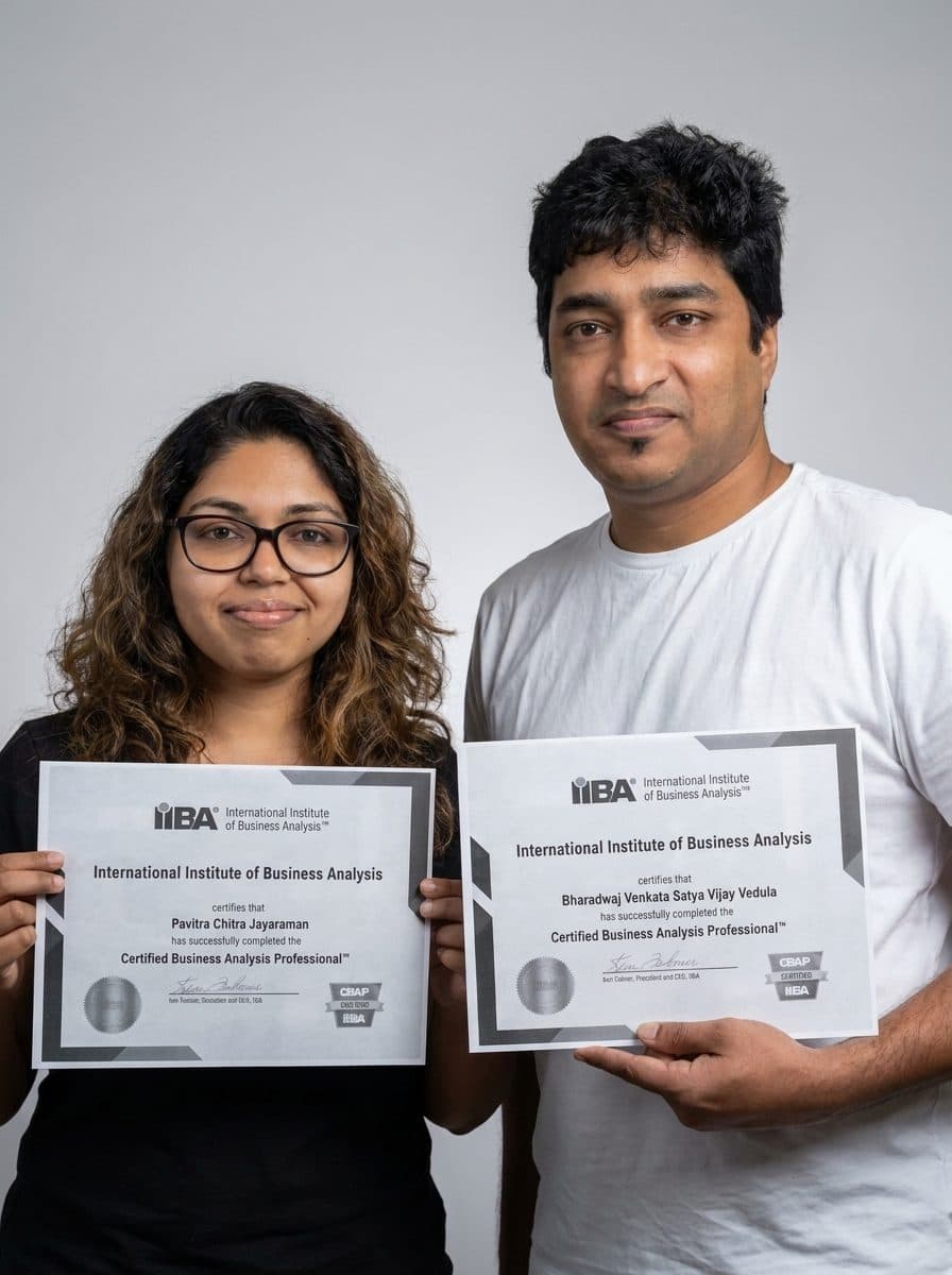 Pavitra Chitra Jayaraman and Bharadwaj Venkata Satya Vijay Vedula standing side by side against a plain grey studio wall, each holding up the IIBA certificate naming them a Certified Business Analysis Professional.