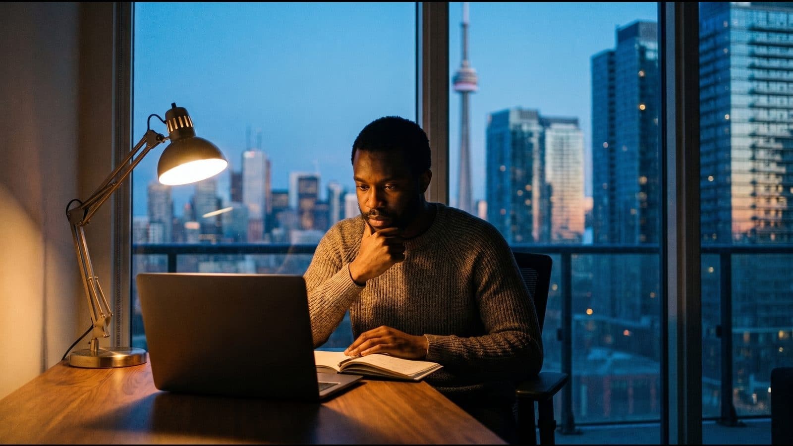 A professional studying at a desk in a Toronto condo at dusk, a laptop and an open workbook in front of her and the city skyline through the window.
