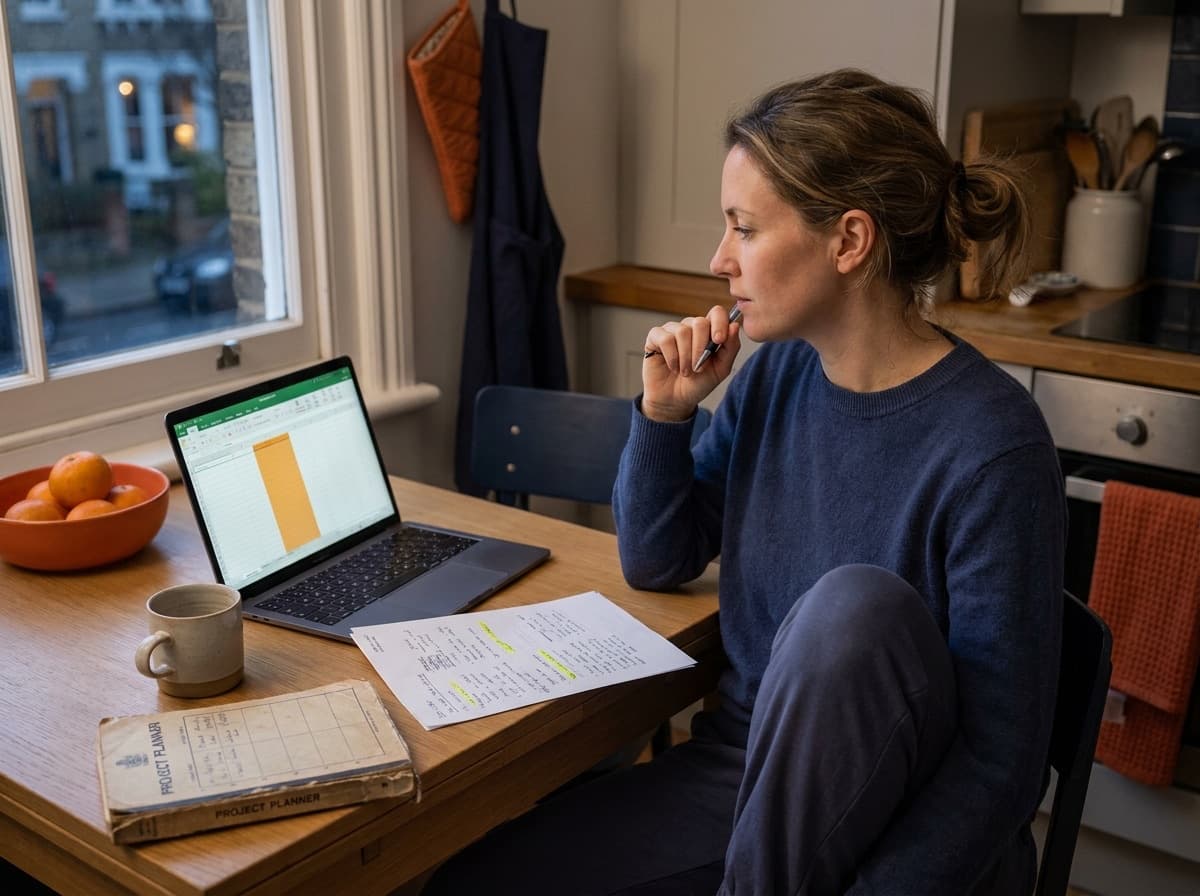 A woman at a kitchen table by a window, chin resting on her hand and pen raised, looking at a laptop spreadsheet beside handwritten notes, a mug and a bowl of oranges.