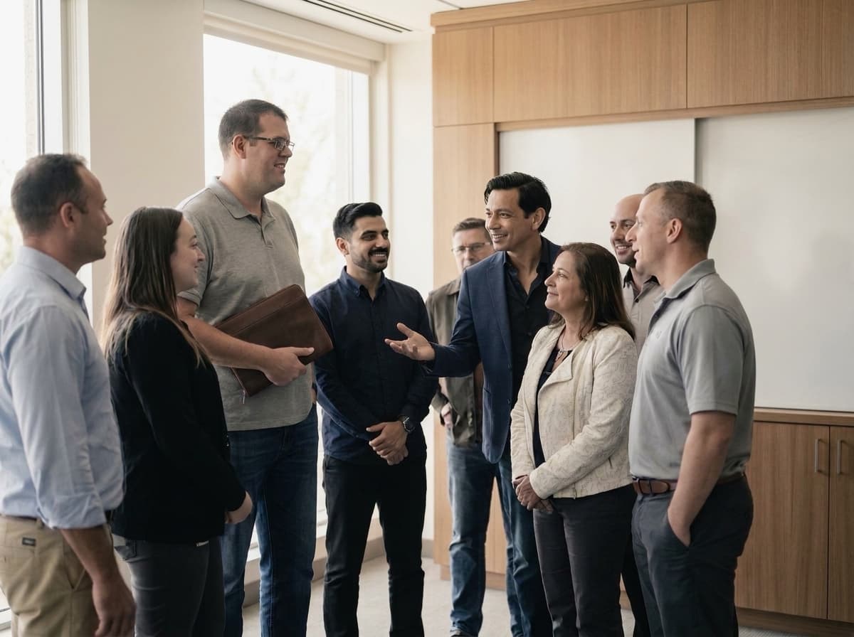 A group standing in a circle after a session, one of them gesturing mid-sentence while the others listen, a blank whiteboard behind them.