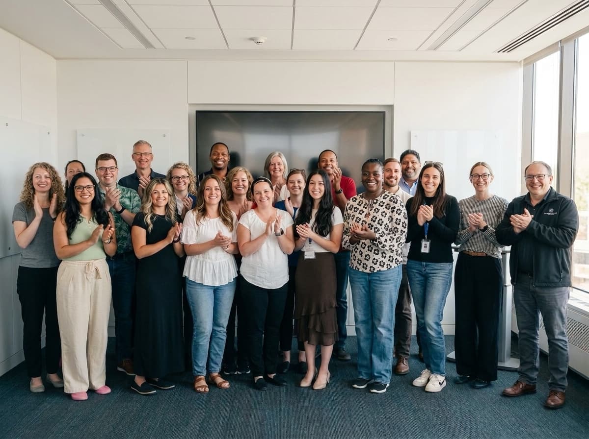 A cohort applauding together at the end of a course, gathered for a group photograph.