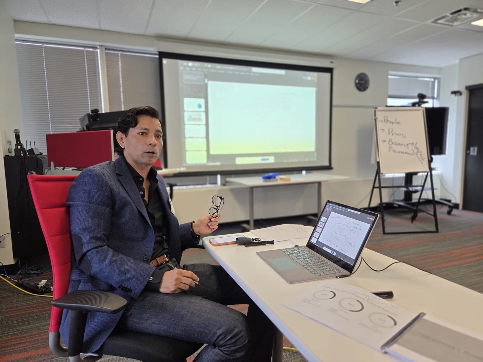 Hemant Dhariyal seated at a classroom table mid-sentence, his glasses in one hand, an open laptop and printed handouts in front of him, a projector screen behind him and a flip chart reading People, Process, Business Environment.