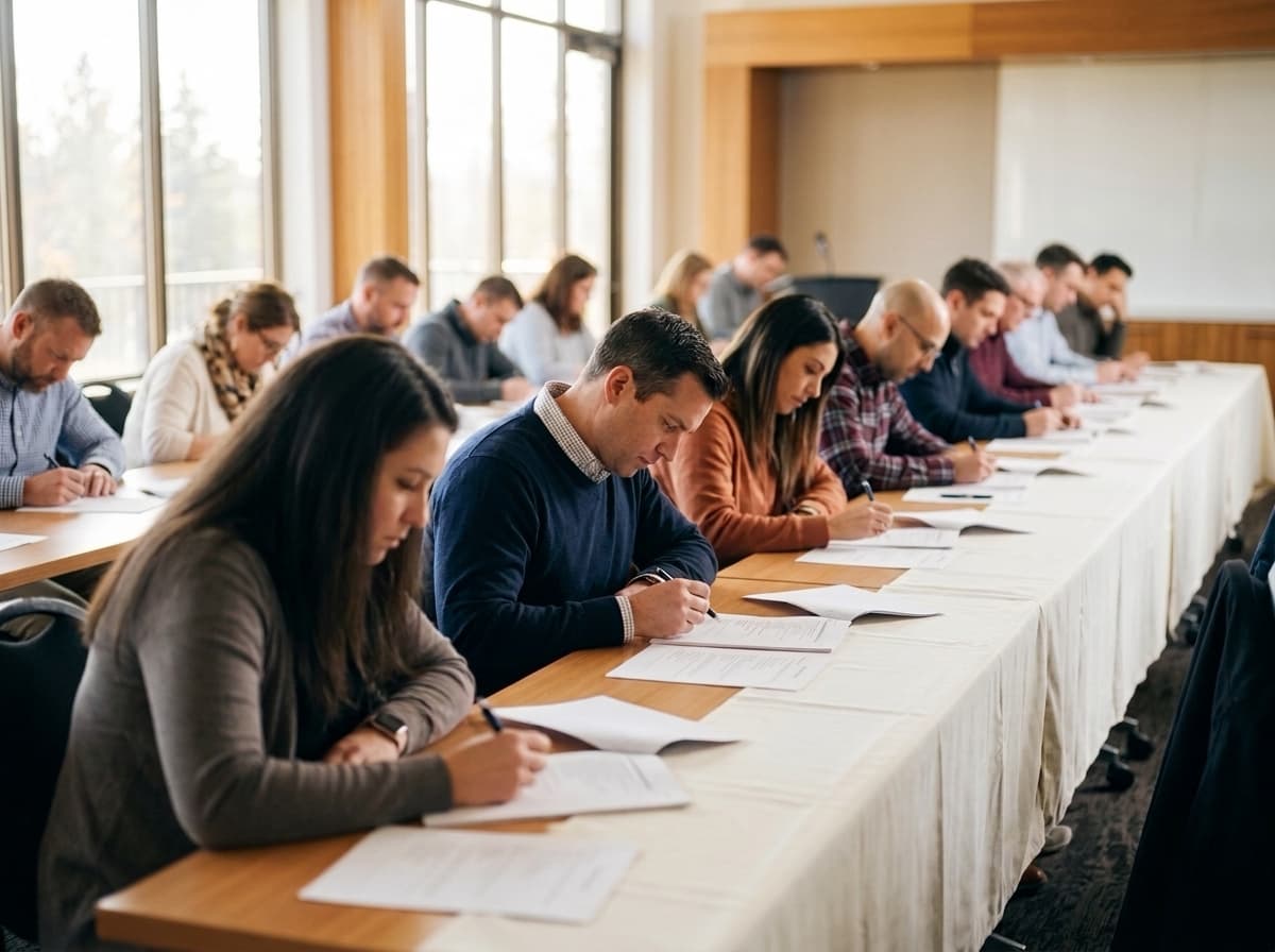 A class working through a printed practice paper at a long table.