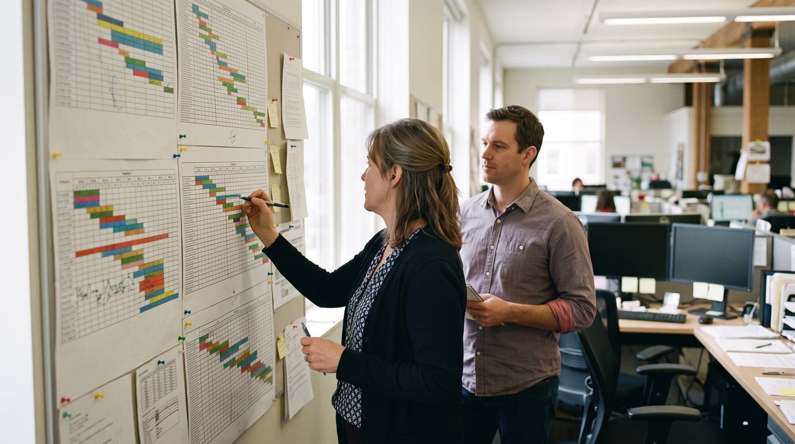 Two colleagues at a wall of printed planning charts in an open-plan office, one marking a date while the other looks on.
