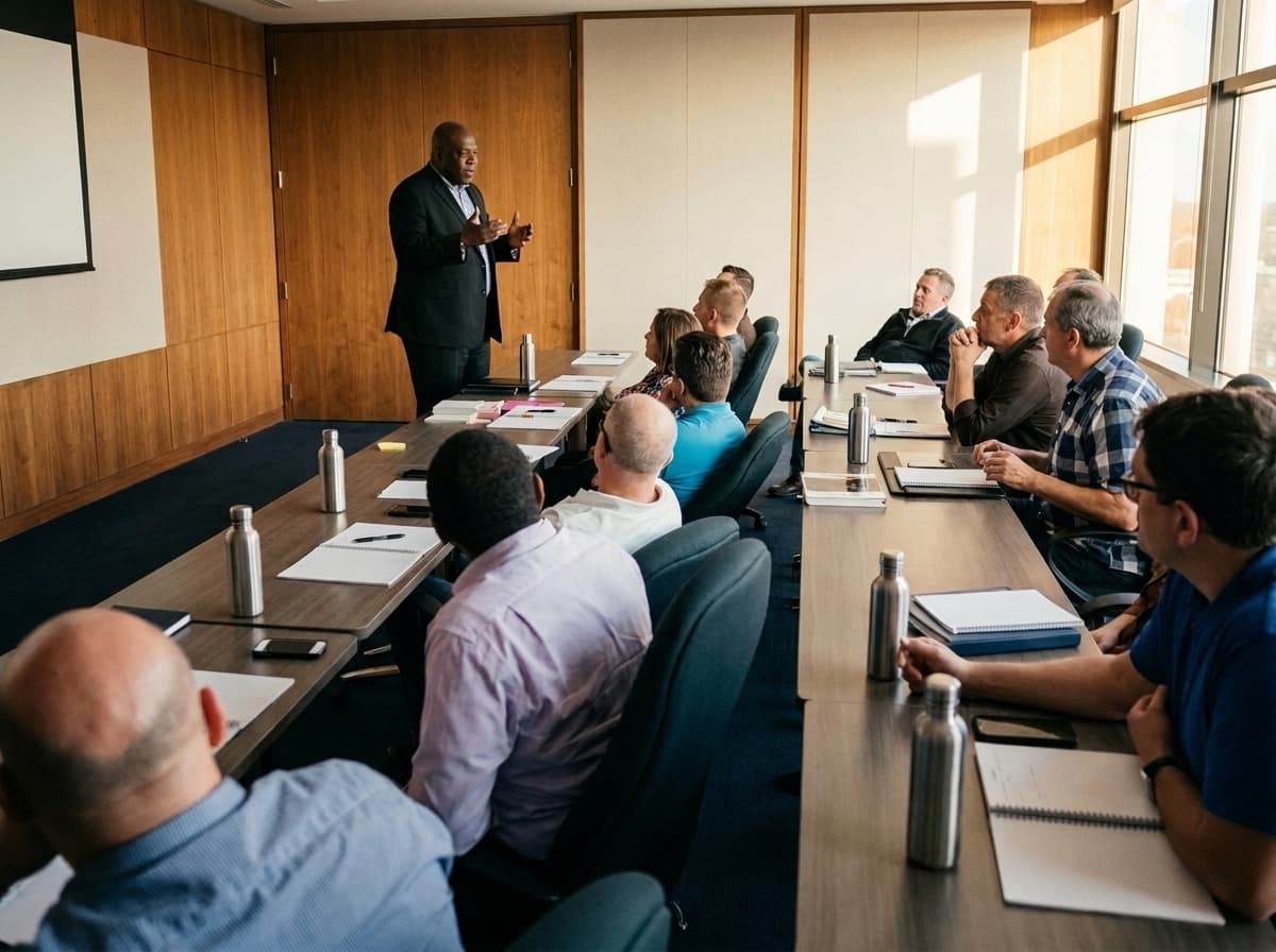 An instructor speaking at the head of a long boardroom table while participants take notes.