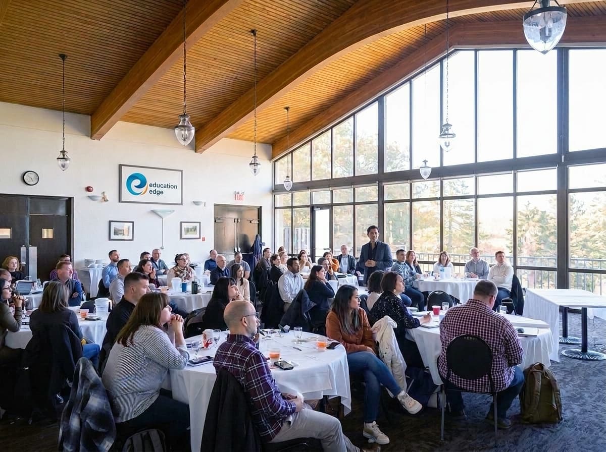 Hemant Dhariyal standing among the round tables of a full Education Edge classroom, with around thirty-five participants seated around him, a wall of tall windows behind him and the framed Education Edge logo on the side wall.