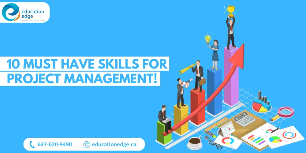 Infographic illustrating the 10 must-have skills for project management, showing professionals advancing on a bar graph with tools like a calculator, charts, and calendar representing key project management elements