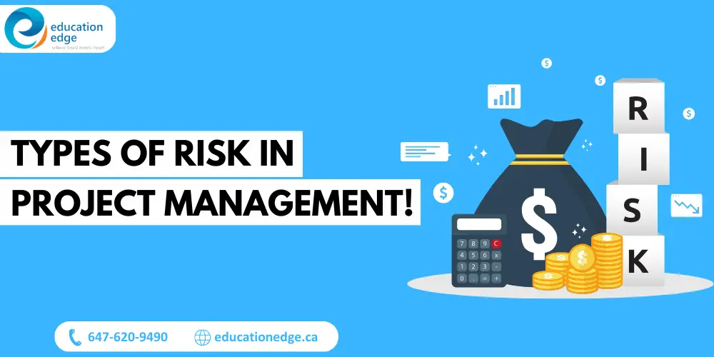Illustration of types of risk in project management, featuring a money bag, calculator, stacks of coins, and blocks spelling RISK, representing financial and strategic project risks.