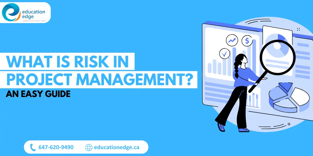 "Infographic explaining risk management in projects, showing a woman analyzing charts and data with a magnifying glass.