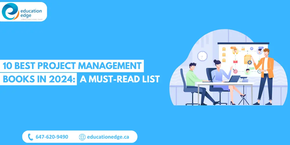 Illustration promoting a list of the 10 best project management books to read in 2024, featuring a team collaborating on a project workflow.