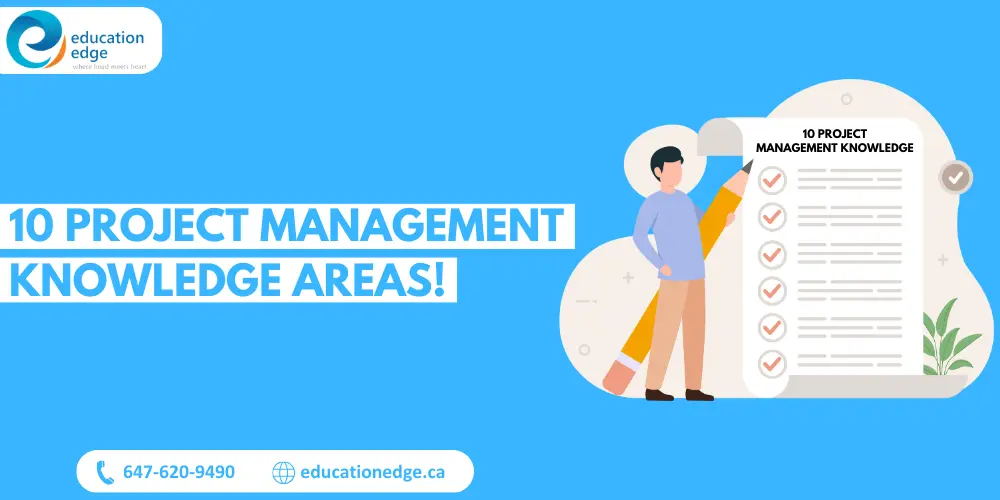 Illustration depicting the 10 Project Management Knowledge Areas, with a person holding a pencil next to a checklist that highlights key areas of project management expertise.