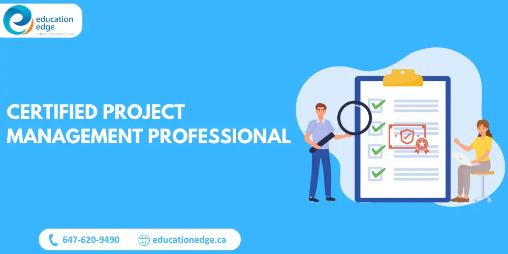 A person reviewing and verifying the requirements to become a certified project management professional with a woman celebrating achieving PMP certification on her laptop