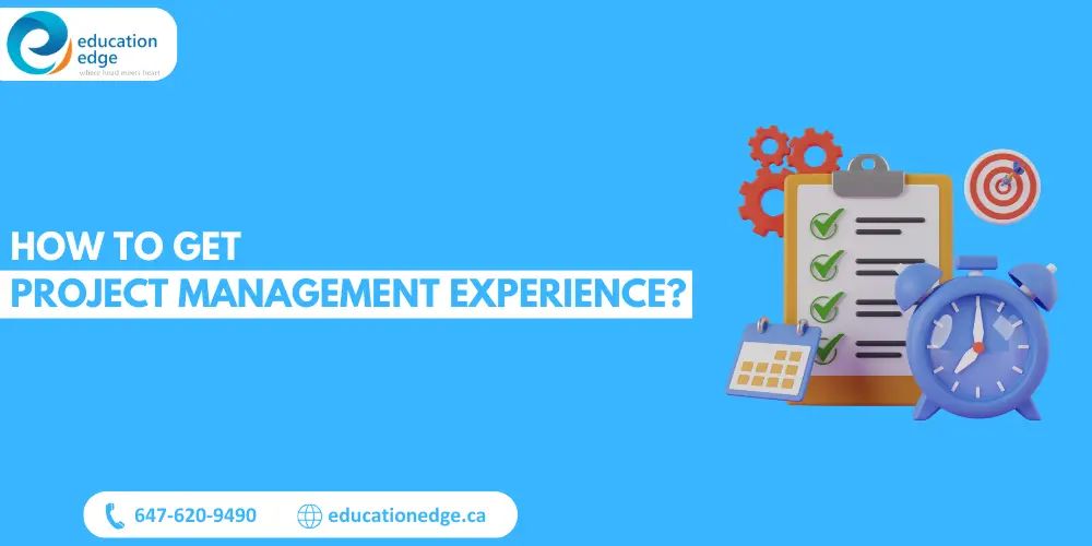 Visual representation of steps and tools involved in gaining project management experience, including a checklist, calendar, target, gears, and clock