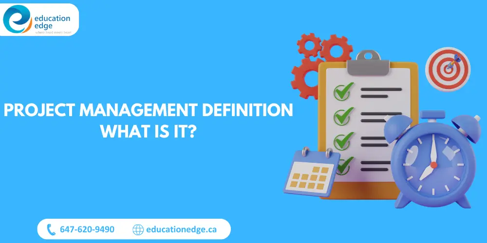 Project management definition illustrated with a checklist, calendar, target, gear, and alarm clock, representing tasks, scheduling, goal setting, processes, and deadlines involved in defining project management.