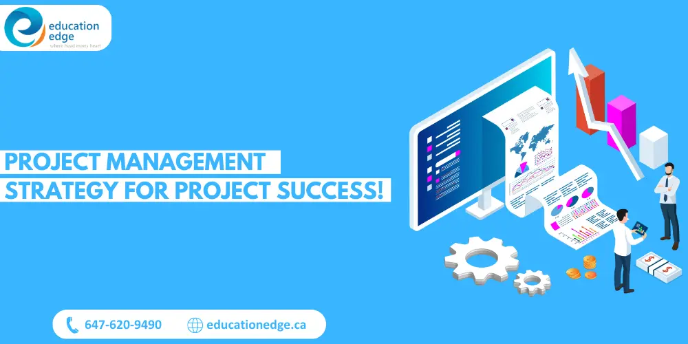 Illustration depicting project management strategy for success, featuring data analysis, financial growth, team collaboration, and strategic planning elements