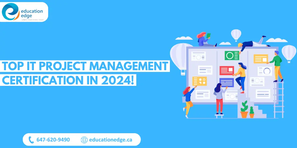 Infographic depicting team members collaborating on a project management dashboard, highlighting the top IT project management certifications for 2024