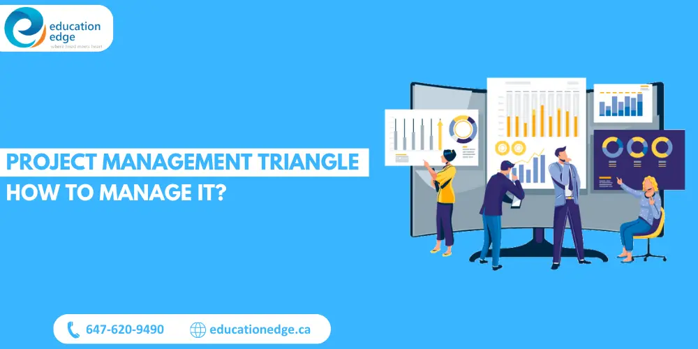 Illustration of a team analyzing charts and graphs, representing the key components of the project management triangle: scope, time, and cost.