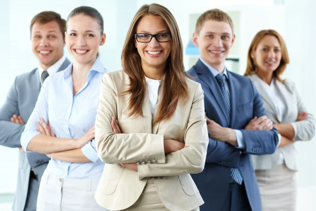 Confident team of certified PMP professionals demonstrating strong leadership and project management collaboration