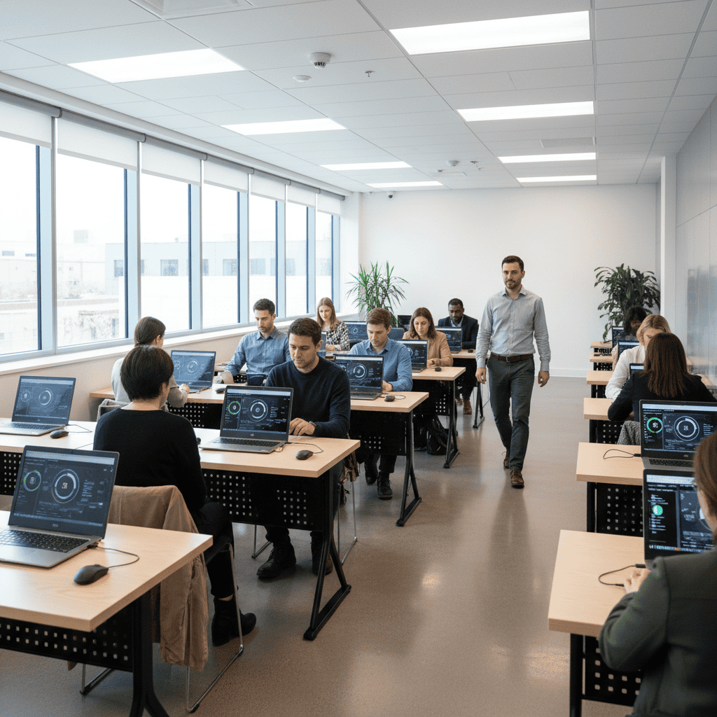 Students in a computer training class with instructor in a bright, modern classroom.