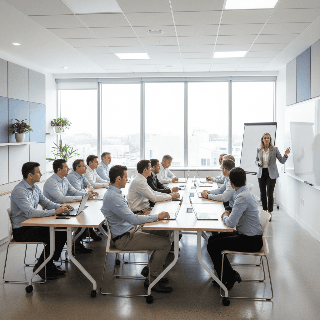 Business training session in a modern conference room with instructor.