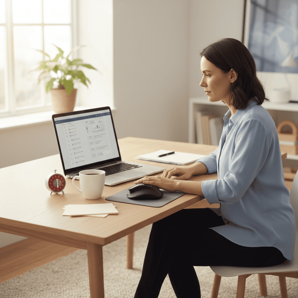 Woman working on online course at home with laptop and notes.
