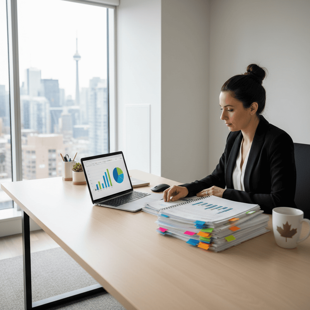Businesswoman reviewing financial data and charts at modern office desk with city view.