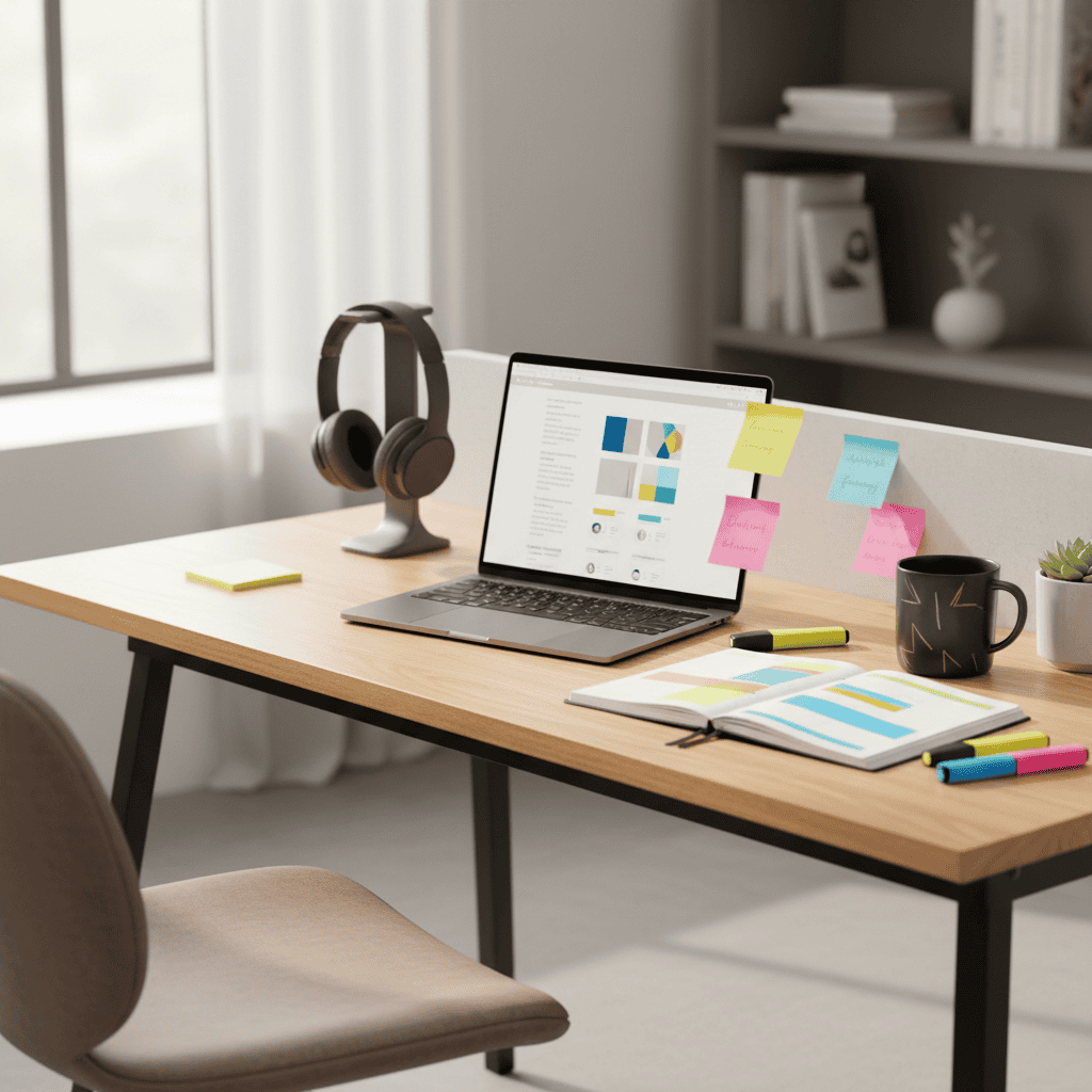 Modern home office workspace with laptop, headphones, and stationery for remote learning or work.