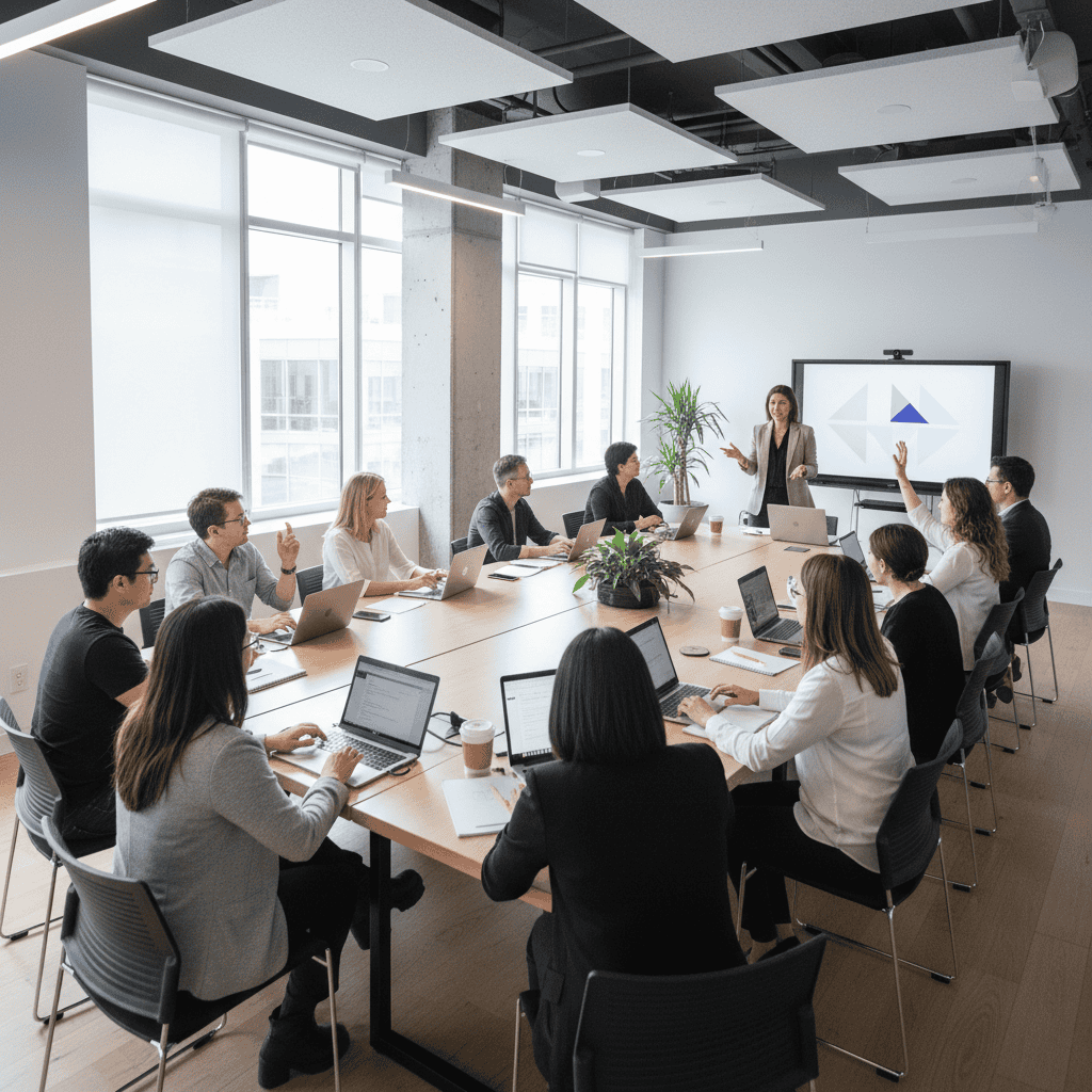 Business team collaborating in a modern conference room during a presentation.