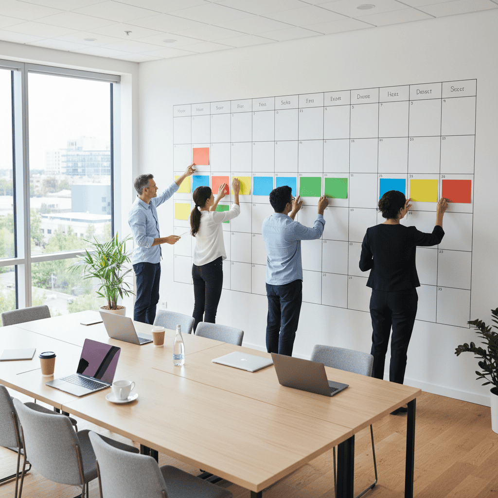 Team planning project on whiteboard with colorful sticky notes in a bright office.