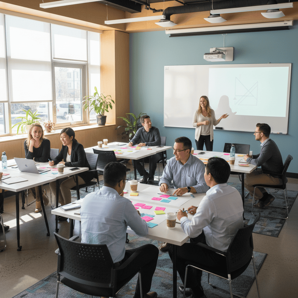 Business meeting in a modern classroom with diverse professionals and a female presenter.