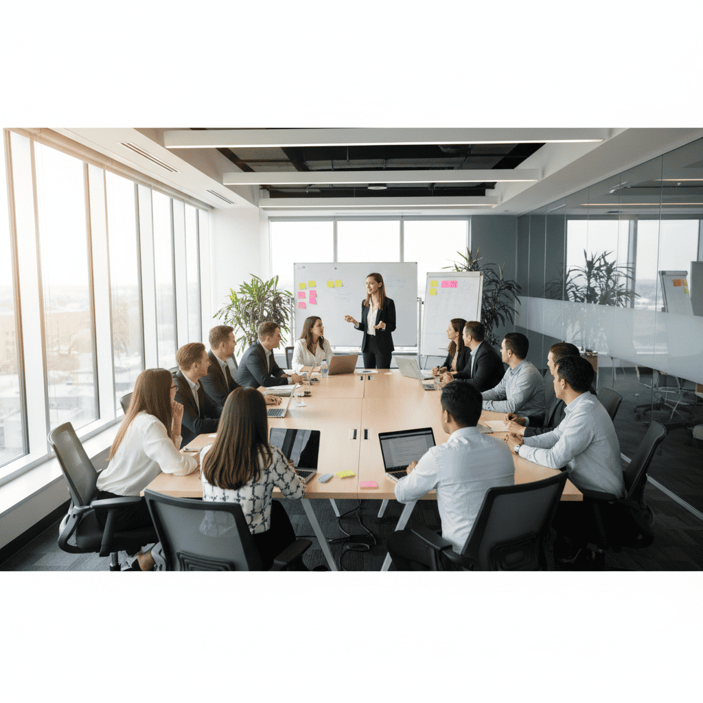Training session in a bright, modern conference room with professionals engaged in a workshop or sem.