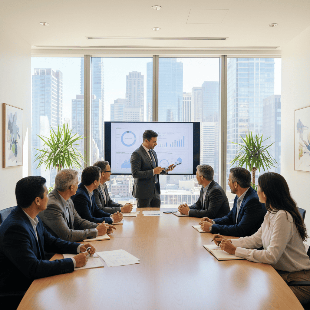 Business professionals in a conference room during a presentation.
