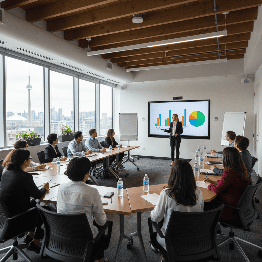 Business meeting with a presenter and diverse team in a modern conference room with city view.