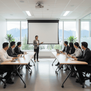 Training session in a bright, modern conference room with a presenter and diverse professionals.