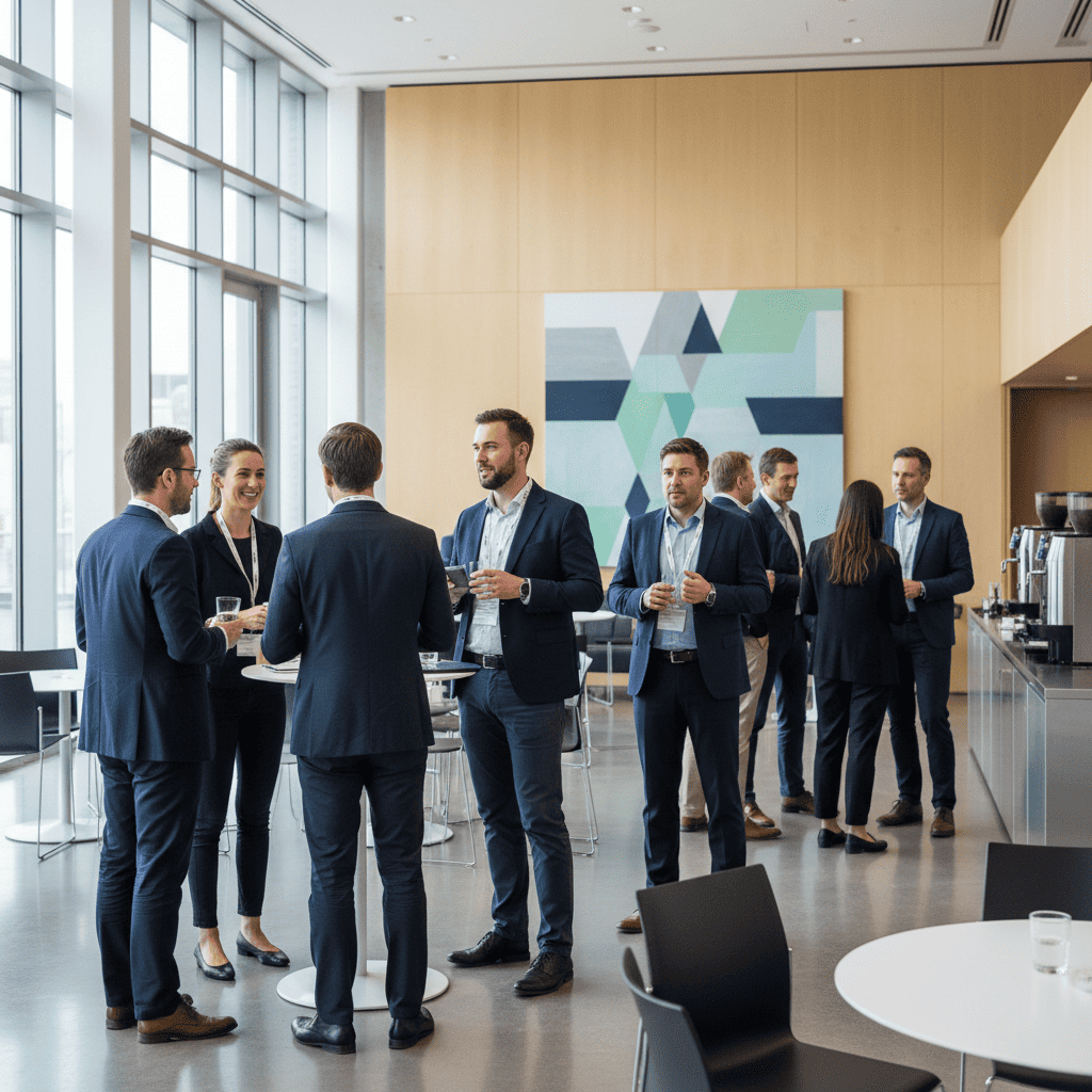 Business professionals networking at a conference.