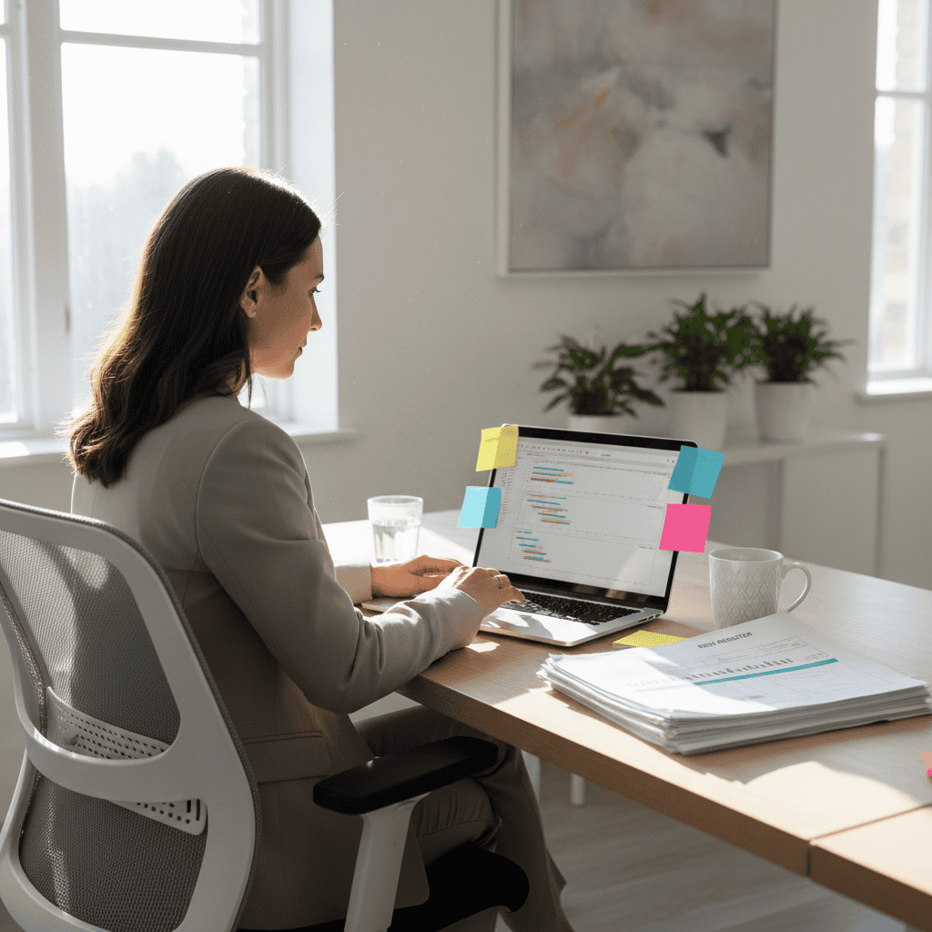 Businesswoman using a laptop with colorful sticky notes in a modern office setting.
