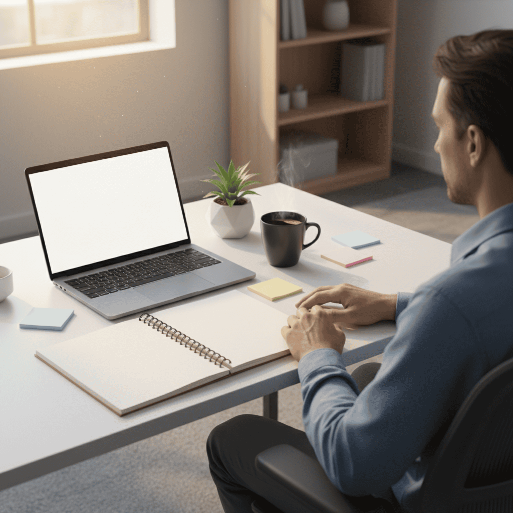 Man working at a clean desk with laptop, notebooks, and coffee in a modern office.