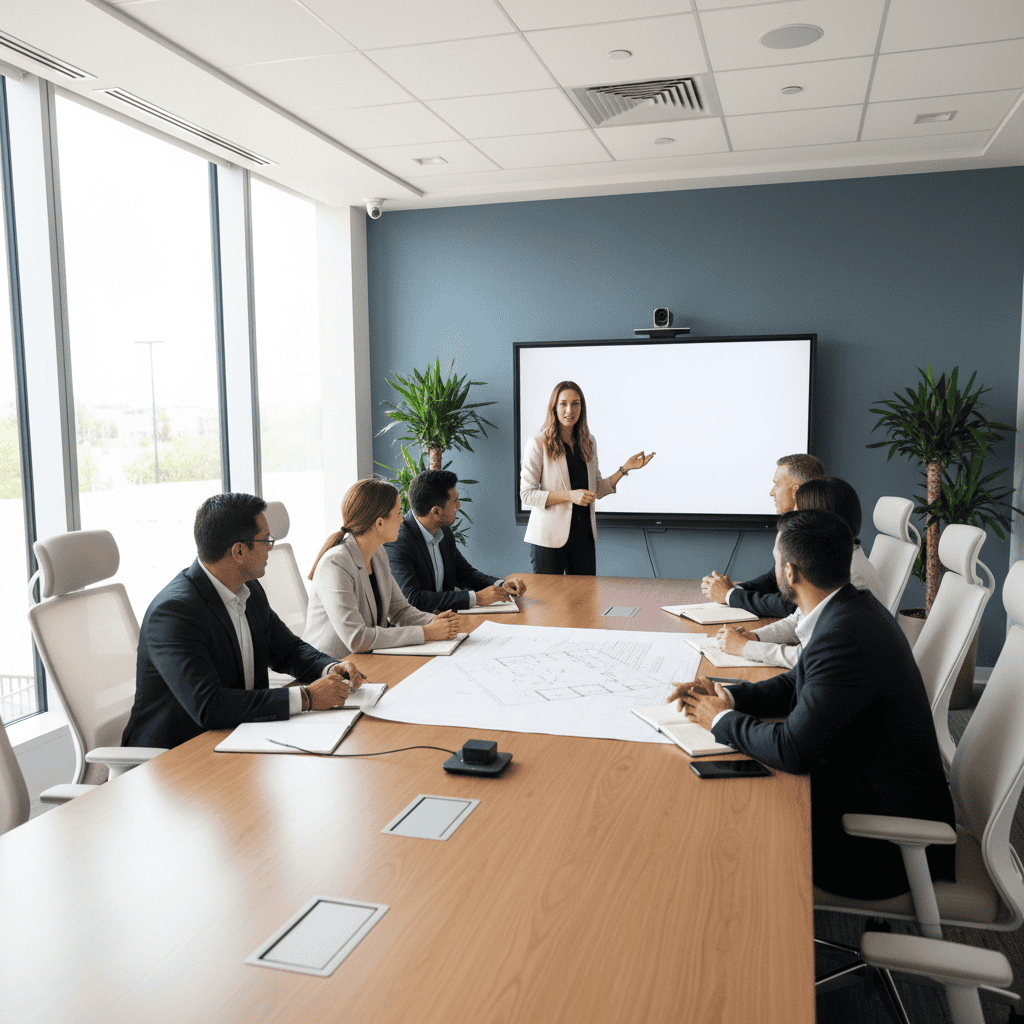 Business professionals in a modern conference room during a team meeting and presentation.
